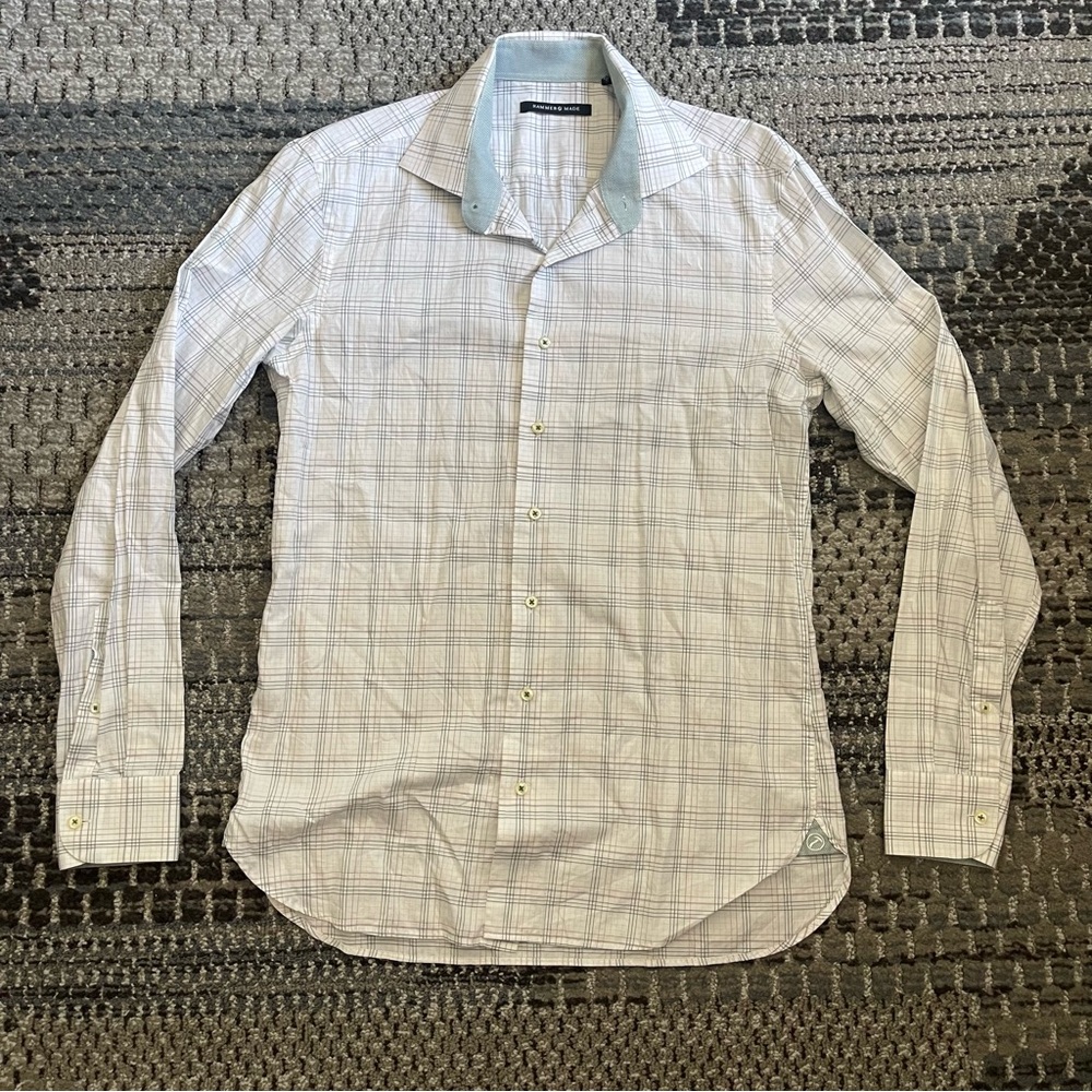 Hammer Made Slim Fit Long Sleeve Button Down, White and Seafoam Green, Neck 16